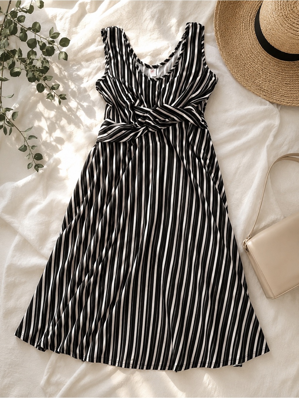Candie's Black & White Striped Twist-Front Midi Dress
